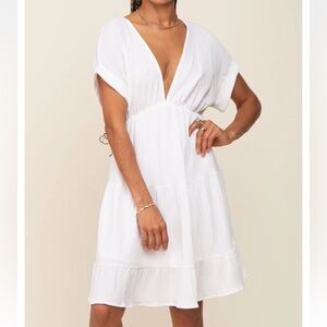 She + Sky White V-Neck Tiered Cutout Back Dress